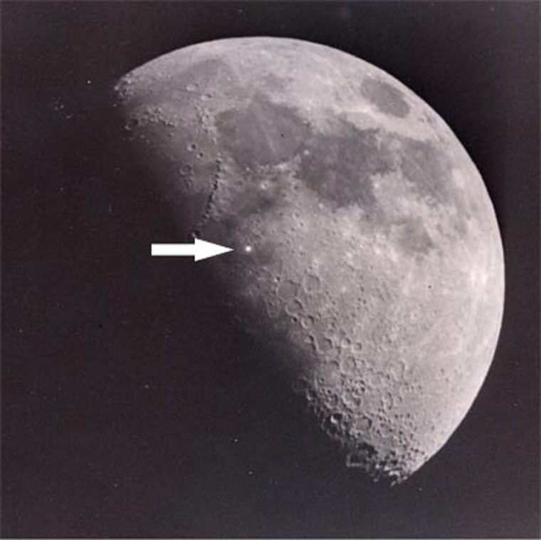 Tansient lunar phenomenon is the small, bright spot in the center of the image, taken in 1953, and may have been caused by gassy material leaking out of the moon. 
