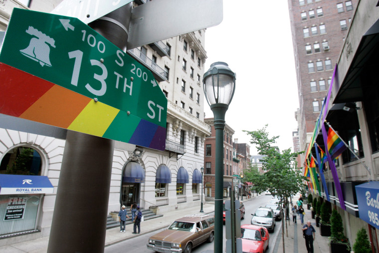 A street sign is seen in a gay-friendly section of Philadelphia known as the "gayborhood". Philadelphia has become more sophisticated in its effort to attract part of the annual $55 billion gay tourism market.