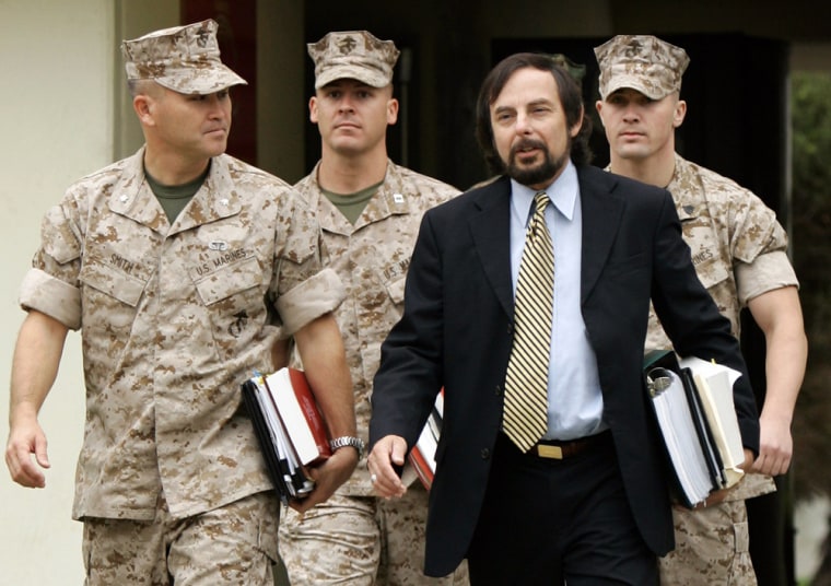 U.S. Marine Sgt. Hutchins III arrvives with his lawyers for his Article 32 Investigation hearing at Camp Pendleton