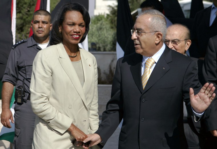 Palestinian Prime Minister Salam Fayyad, right, shakes hands with U.S. Secretary of State Condoleezza Rice Thursday upon her arrival at his office in the West Bank city of Ramallah.