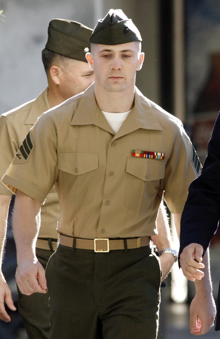 Marine Corps Sgt. Lawrence Hutchins, 22, of Plymouth, Mass., a squad leader accused of masterminding the killing of an Iraqi man in Hamdania during a frustrated hunt for an insurgent, is shown in this Dec. 7, 2006, photo at Camp Pendleton Marine Corps Base, Calif. Hutchins was convicted Thursday of conspiracy to commit murder, making a false official statement and larceny. He was acquitted of kidnapping, assault and housebreaking. 