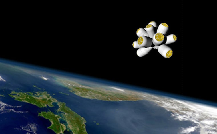 An artist's conception shows Galactic Suite's hotel pod structure in orbit.