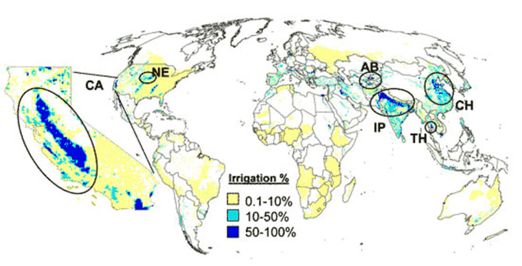 Global map of the fraction of each 5-foot-by-5-foot cell equipped with irrigation (percent). Circles indicate major irrigation regions used in the study: Aral Sea Basin, California, Eastern China, Indo-Gangetic Plains of India and Pakistan, Nebraska and Thailand.