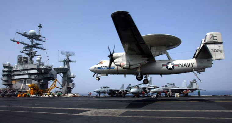 An E-2C Hawkeye, similar to the one pictured, crashed off the coast of North Carolina late Wednesday.