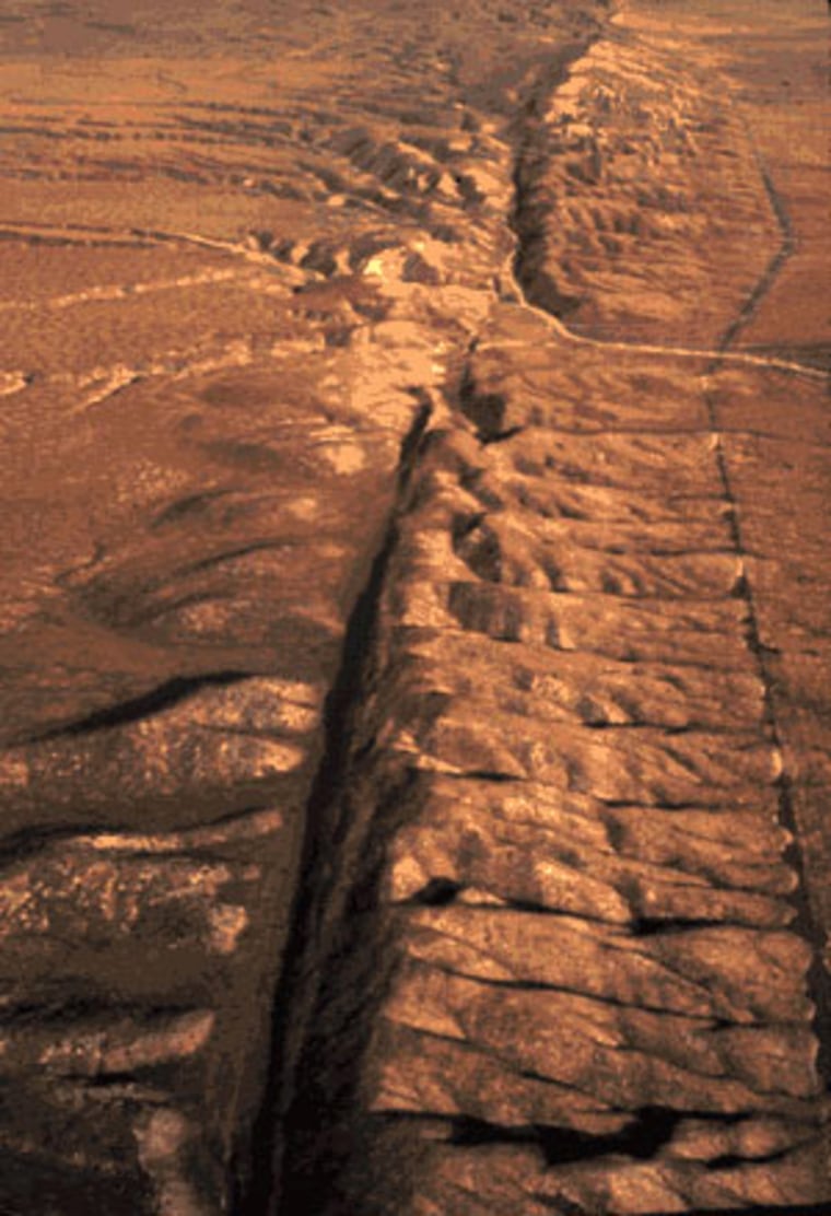Aerial view of the San Andreas fault slicing through the Carrizo Plain in the Temblor Range east of the city of San Luis Obispo.