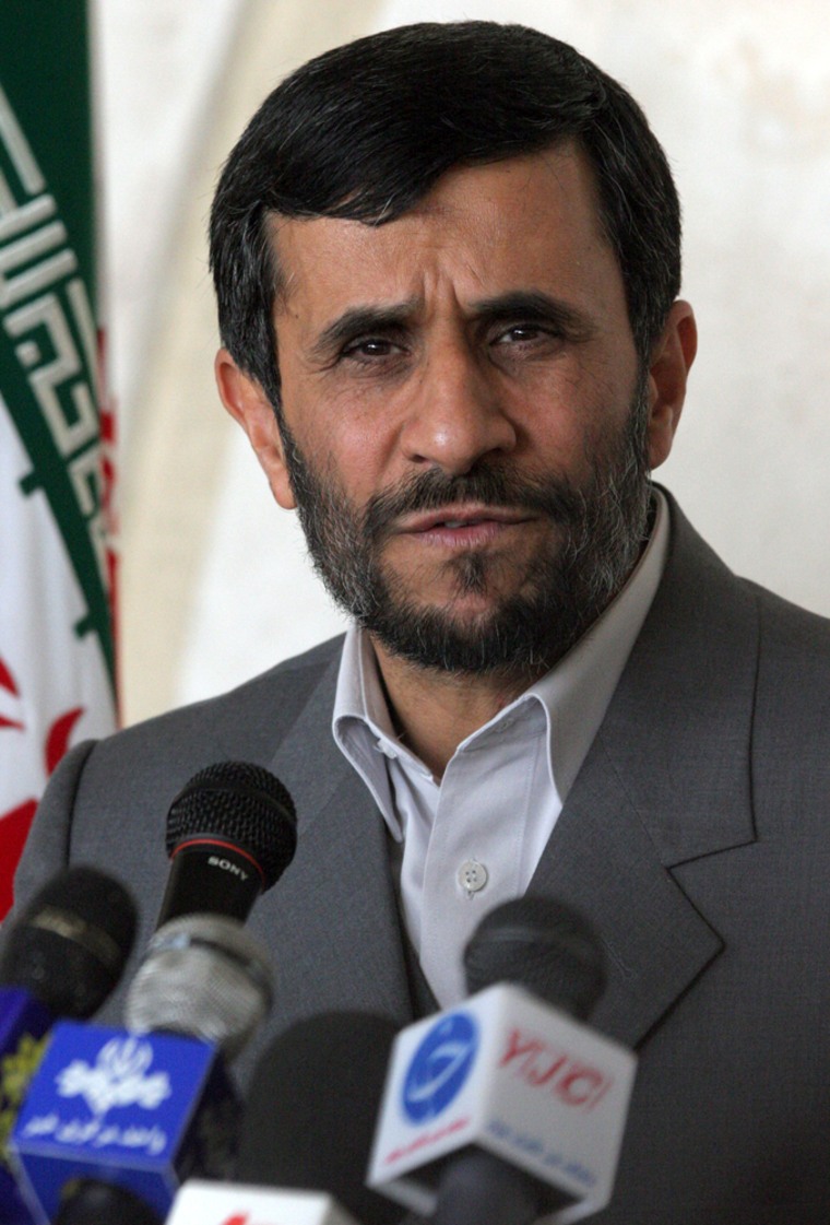 Iranian President Mahmoud Ahmadinejad speaks to the media after delivering his budget bill to the parliament, in Tehran, Iran, Sunday, Jan. 21, 2007. Ahmadinejad on Sunday defended his economic policies from sharp recent domestic criticism and said U.N. Security Council sanctions imposed in December would never deter the country from pursuing its nuclear program. (AP Photo/Vahid Salemi)
