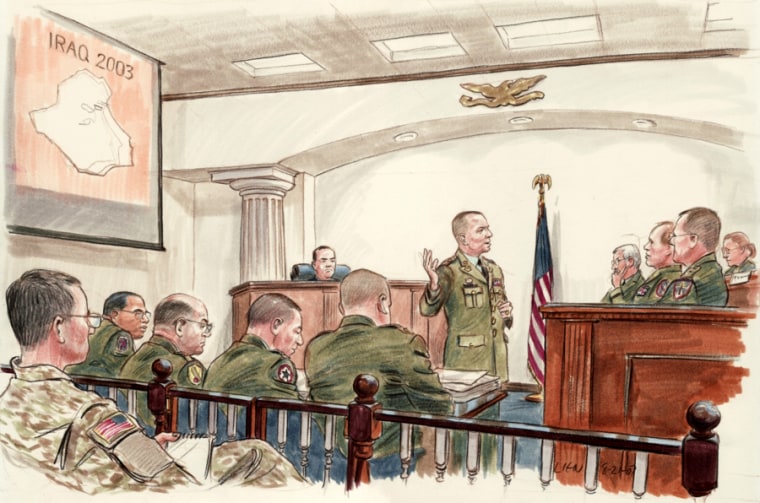 Lt. Col. John Tracy, depicted in the center, delivers opening arguments to a military jury in the court-martial of Lt. Col. Steven L. Jordan, seated third from the left.