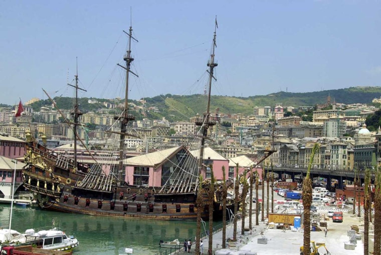 ** FILE ** The galleon built for the 1986 Roman Polanski's movie \"Pirates\", is docked at the harbor in Genoa, Italy, June 29, 2001. The ship is now used as a tourists attraction. Genoa was an important trade center by the third century B.C. Its sailors have plied the world's trade routes since the Phoenicians and Greeks.  (AP Photo/Luca Bruno)