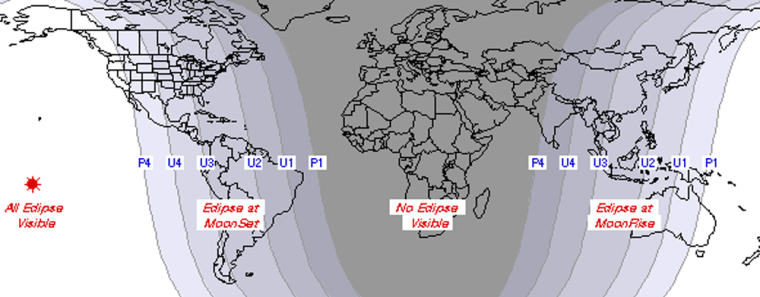 This map shows which areas of the world can see the Aug. 28 lunar eclipse. The entire eclipse will be visible from the white areas. Observers will see progressively less of the eclipse in darker areas. The darkest area will be totally shut out from the eclipse.