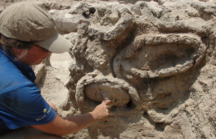 This undated photograph made available by the Hebrew University of Jerusalem shows an archaeologist next to an opening of one of the ancient beehives found in excavations in Tel Rehov in northern Israel.  Archaeologists digging in northern Israel have discovered evidence of a 3,000-year-old beekeeping industry, including remnants of ancient honeycombs, beeswax and what they believe are the oldest intact beehives ever found. (AP Photo / Amihai Mazar, Hebrew University of Jerusalem) ** NO SALES **