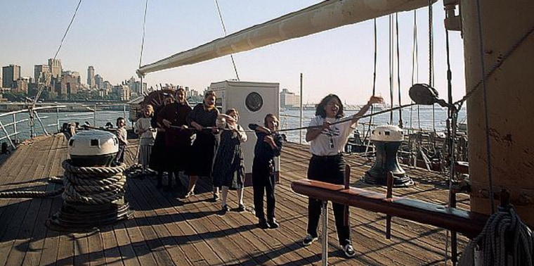 Girls Pulling Rigging on Ship