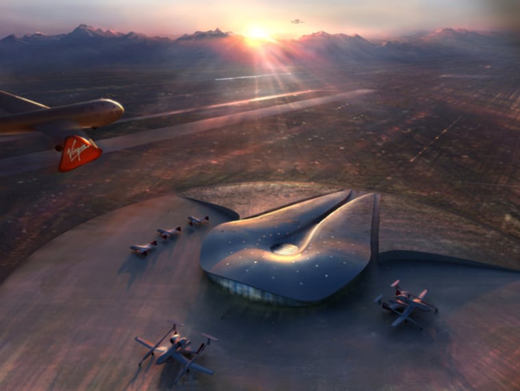 An artist's conception shows the Spaceport America's terminal building, surrounded by White Knight Two and SpaceShipTwo vehicles. Most of the facility would be built underground.