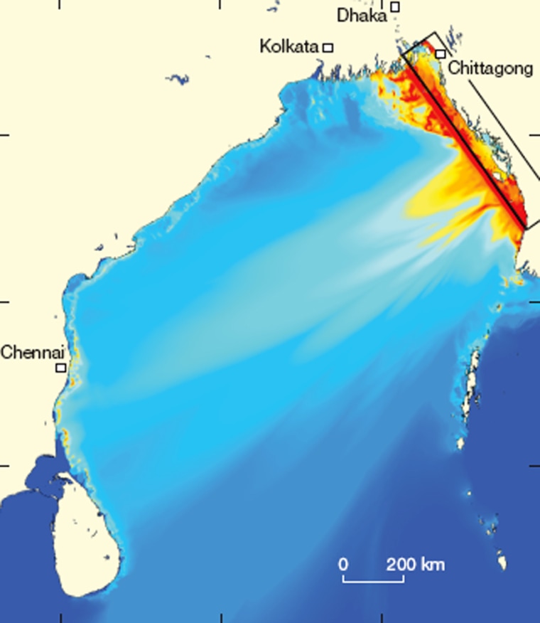 A color-coded chart shows computer modeling for the 1762 earthquake and tsunami that hit the Bay of Bengal. Red colors indicate offshore wave heights of 8 feet (2.5 meters) or more. Scientists say they can’t predict when the next Bengal tsunami could hit but warn that it would be catastrophic.