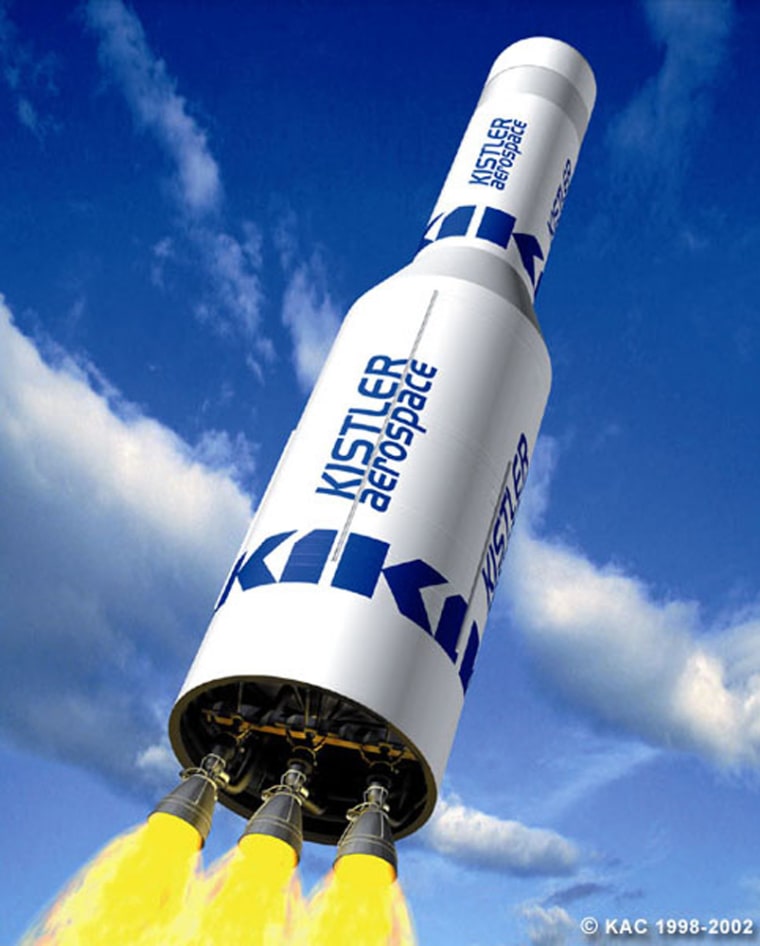 An artist's conception shows Rocketplane Kistler's K-1 rocket in flight. NASA pulled the plug on its support for developing the K-1, and now Congress says that dispute will have to be resolved before the money set aside for the K-1 can be awarded to another firm.
