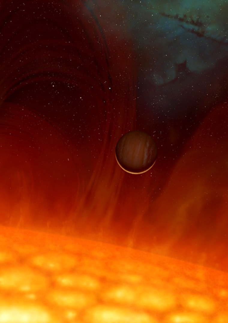 Scientists found a planet that survived the ballooning of its parent star. This illustration shows the system V 391 Pegasi as it was about 100 million years ago, when the star was at its maximum red giant expansion.