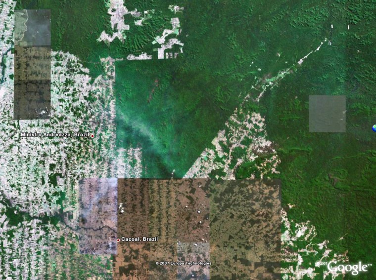 **  TO GO WITH STORY SLUGGED BRAZIL INDIANS GOOGLE EARTH  ** In this undated photo released by Google Earth, Surui Indians' reservation is seen to the east of Ministro Andreazza and to the north of Cacoal in the state of Rondonia, Brazil. The reservation's edges contrast sharply with the populated, deforested areas. A Brazilian Indian tribe is linking up with Google Earth to try to capture vivid images that could help stop loggers and miners from deforesting the jungle and digging for gold on its vast Amazon reservation. (AP Photo/Google Earth) **  NO SALES  **