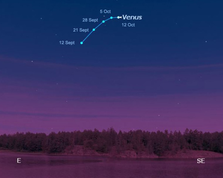 Venus as seen at 7 a.m. local time mid-September to mid-October from mid-northern latitudes.
