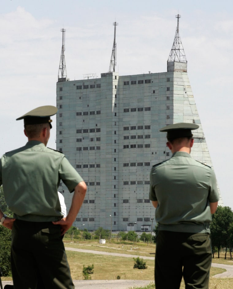 Russian soldiers stand near the Qabala radar station northwest of Baku