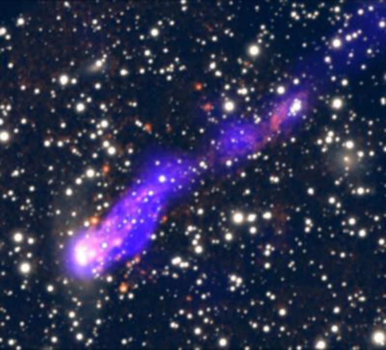 This composite image shows a tail that has been created as a galaxy plunges into the galaxy cluster Abell 3627. X-rays from Chandra (blue) and optical light (white and red) from the SOAR telescope show that as the galaxy plummets, it sheds material and forming stars behind it in a tail that stretches over 200,000 light years long. This demonstrates that stars can form well outside of their parent gala 
