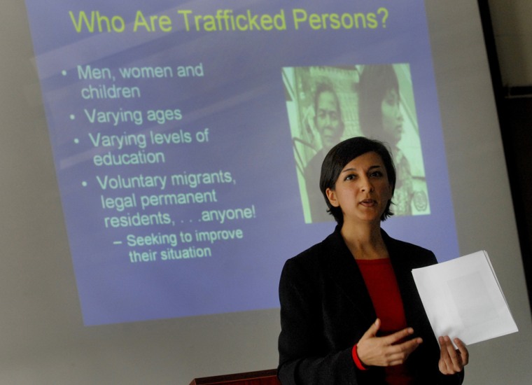 Sonali Gupta, a licensed clinical psychologist with the Center for Multicultural Human Services, talks about human trafficking at a Metropolitan Police Department in-service training session. 