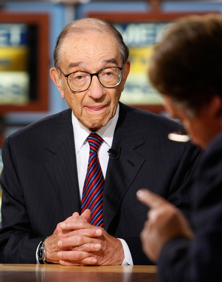 Former Chairman of the U.S. Federal Reserve Greenspan speaks during a taping of the \"Take Two\" segment of \"Meet the Press\" in Washington