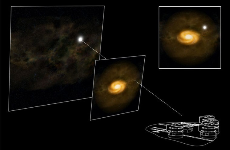 Artist's impression showing how a background quasar can hide a galaxy. The light that travels from the quasar is filtered by the foreground galaxy on its way to Earth.