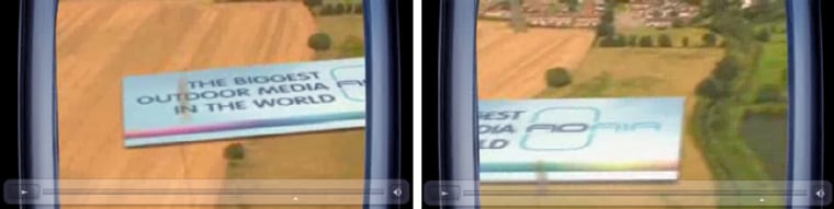 Two frames from a promo movie on Ad-Air.com, show an animated view of how the giant ads would look from a plane.