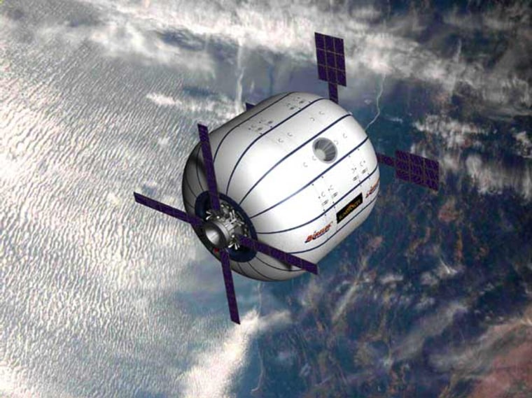 Bigelow Aerospace is on track to deploy its Sundancer habitable module, shown in this artist's conception, by as early as 2010. But once that module is launched, the company will need a launch vehicle that can send crews to the station at an affordable price.