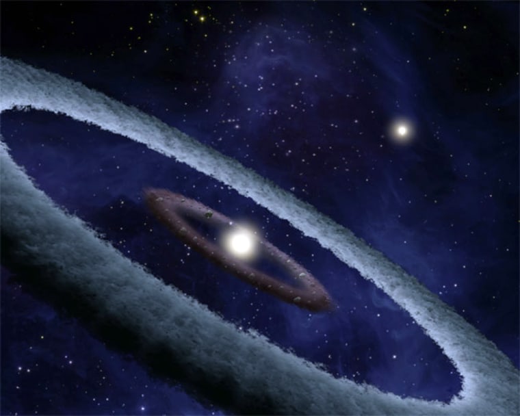 This artist's conception shows a binary system, called HD 113766, where astronomers suspect a rocky Earth-like planet is forming around one of the stars. 