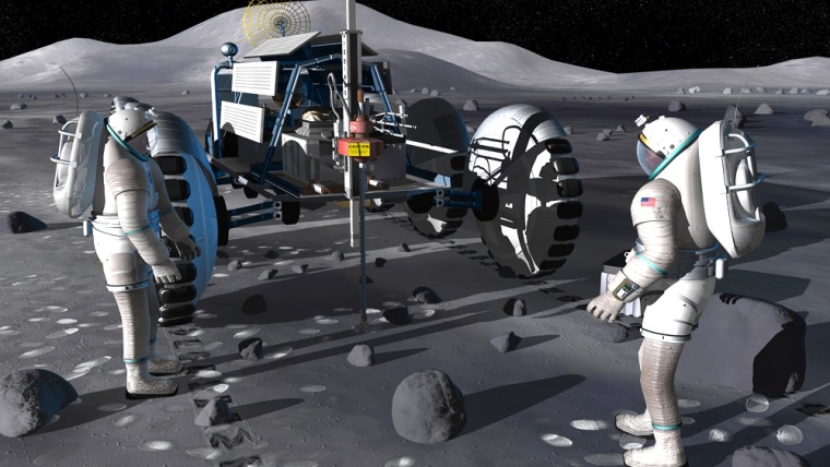 This artist's conception shows astronauts supervising a lunar rover equipped with a robotic drill for boring into the surface. Drilling equipment could be used to hunt for frozen water and other useful materials. 