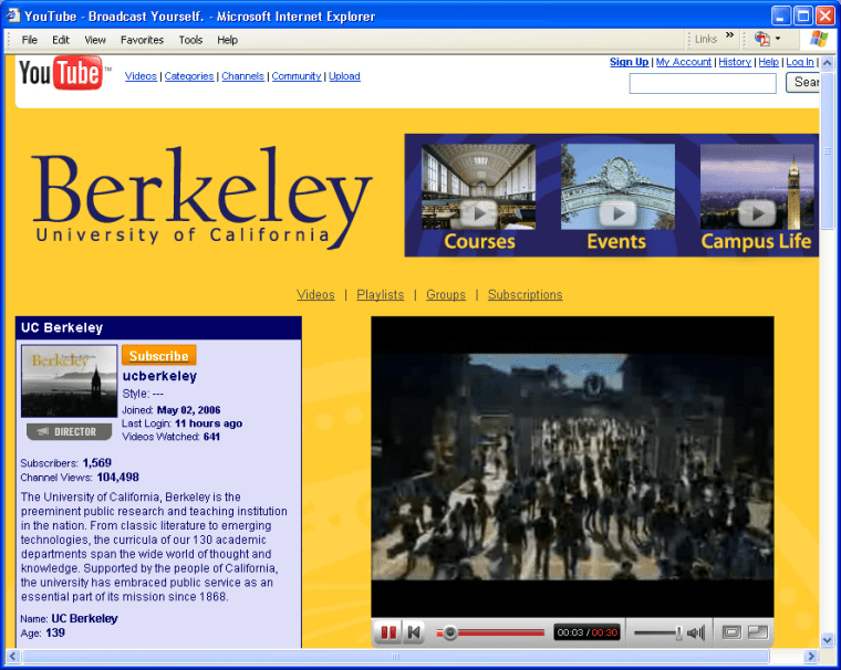 The UC Berkeley home page on YouTube.