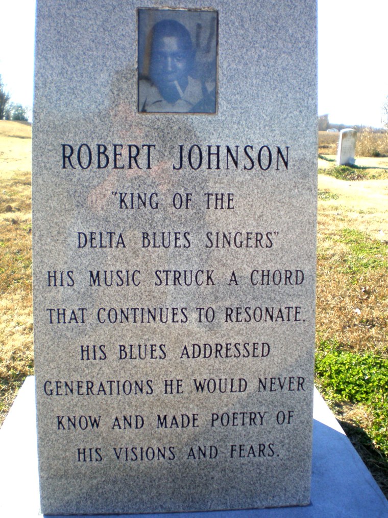 The headstone of blues guitarist Robert Johnson in the Mississippi Delta.