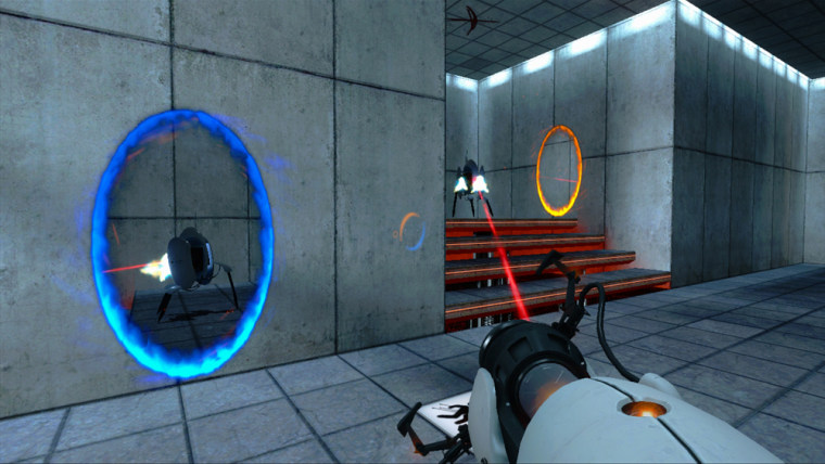 In Portal, players must find their way to an exit through a series of rooms that contain obstacles including gun turrets, toxic pools and switch systems. Players are equipped with a device that creates portals in order to avoid those obstacles. 
