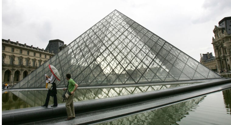Tourists walk in the rain at the Louvre