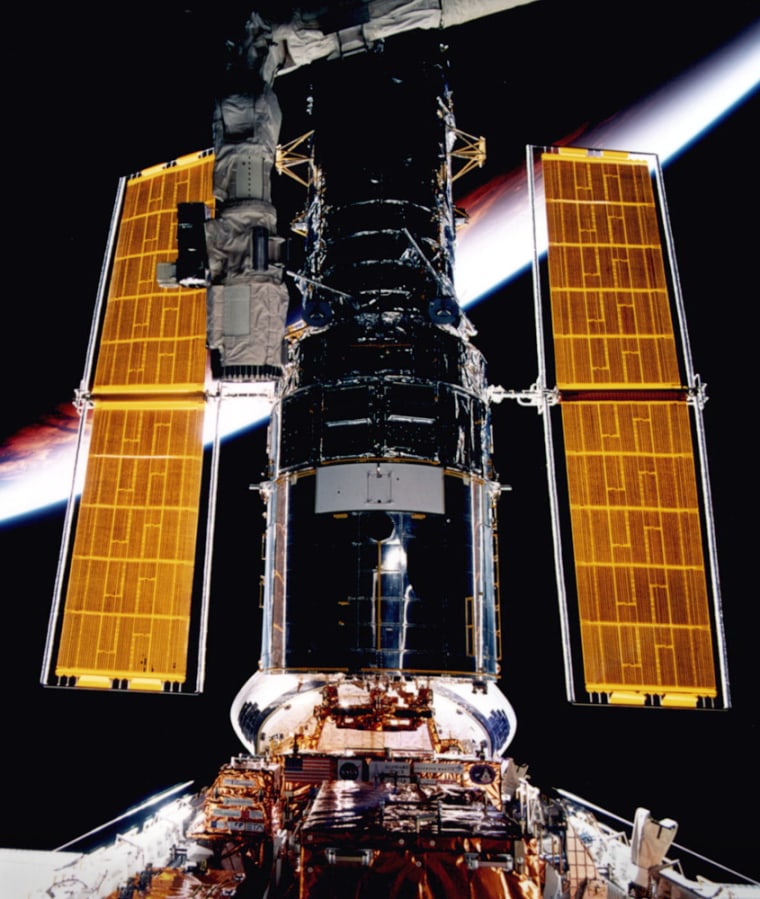 This picture of the Hubble Space Telescope was taken in February 1997, during the shuttle mission that featured the installation of the Space Telescope Imaging Spectrograph.