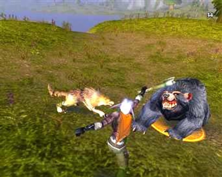 A Night Elf battles an unfriendly bear in this screen shot from "World of Warcraft."