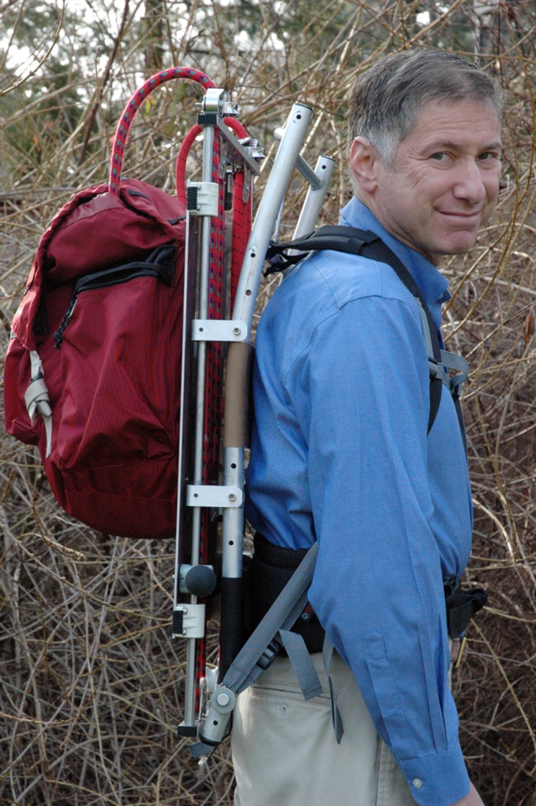 University of Pennsylvania researcher Lawrence Rome models the bungee-equipped backpack he and his colleagues developed.