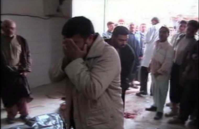 This image -- taken from a videotape made by a Haditha, Iraq, journalism student and obtained by Time Magazine via the Hammurabi Human Rights Group -- shows what appears to be a morgue following a raid by United States forces in Haditha.