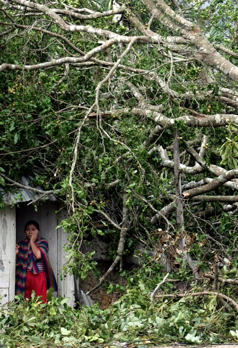 A woman peers from behind a tree that felt on her house after Hurricane Dean passed through the area in Limones, southeastern Mexico, in the Yucatan peninsula, Tuesday, Aug. 21 2007. Hurricane Dean swept across the Yucatan peninsula Tuesday, toppling trees, power lines and houses as it bore down on the heart of Mexico's oil industry. Glitzy resorts on the Mayan Riviera were spared, but vulnerable Mayan villages were exposed to the full fury of one of history's most intense storms. (AP Photo/ Eduardo Verdugo)