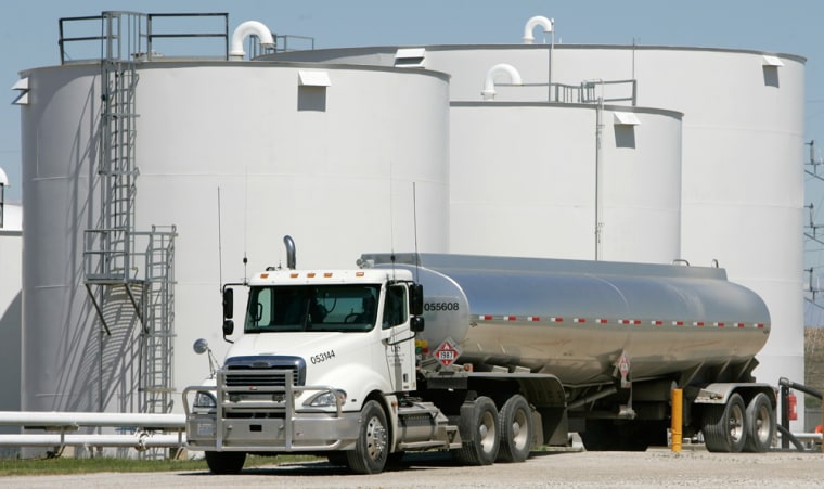 A tanker leaves the Tall Corn Ethanol plant in Coon Rapids, Iowa. The problem of transporting ethanol could lead to an oversupply in the short term, some analysts warn.