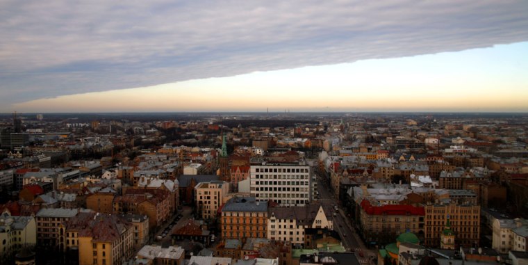 The skyline of the Latvian capital, Riga, at dusk.