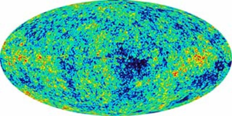 This all-sky picture, produced by the Wilkinson Microwave Anisotropy Probe, shows minute temperature differences in the cosmic radiation left over from the Big Bang. Researchers analyzed those differences to determine how wide the universe is today and whether it includes a cosmic "hall of mirrors."