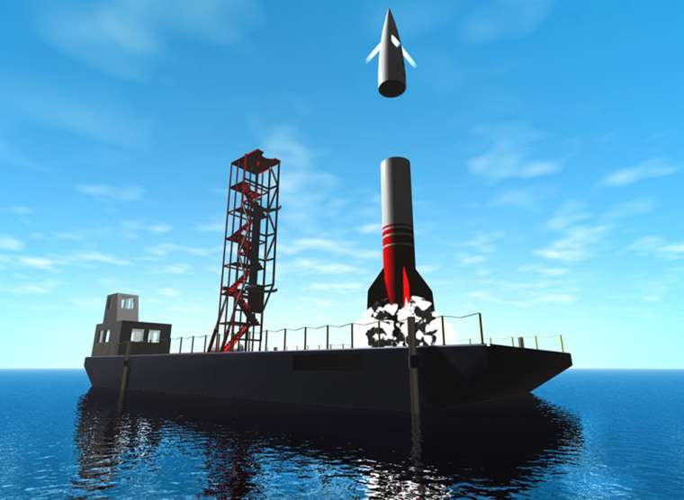 In this artist's conception, the Canadian Arrow's escape tower system blasts the nose cone clear from the rest of the spaceship. This picture shows the rocket on a barge, but Canadian Arrow's team intends to conduct the first launches from a land-based military test range on the shore of Georgian Bay.