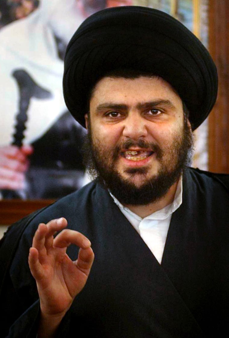 Radical Shiite cleric Muqtada al-Sadr gestures during a news conference in his first public appearance since the new wave of fighting began in Najaf, southern Iraq Monday Aug. 9, 2004. \"I will continue fighting,\" al-Sadr told reporters. \"I will remain in Najaf city until the last drop of my blood has been spilled.\". Al-Sadr spoke as the devastating fighting between his Mahdi Army militia and U.S. and Iraqi forces persisted for a fifth day. (AP Photo/Hadi Mizban)