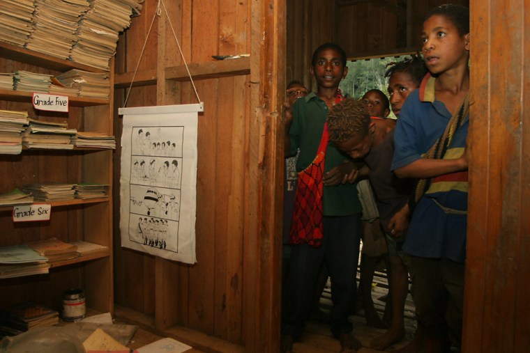 Banaria (spelling??) school kids show us where they store their notebooks.