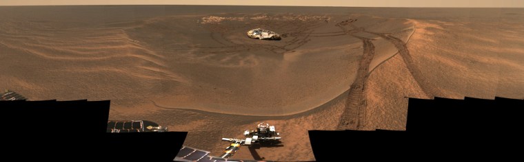 This approximate true-color panorama, dubbed \"Lion King,\" shows \"Eagle Crater\" and the surrounding plains of Meridiani Planum. It was obtained by the Mars Exploration Rover Opportunity's panoramic camera on sols 58 and 60 using infrared (750-nanometer), green (530-nanometer) and blue (430-nanometer) filters.

This is the largest panorama obtained yet by either rover. It was taken in eight segments using six filters per segment, for a total of 558 images and more than 75 megabytes of data. Additional lower elevation tiers were added to ensure that the entire crater was covered in the mosaic.

This panorama depicts a story of exploration including the rover's lander, a thorough examination of the outcrop, a study of the soils at the near-side of the lander, a successful exit from Eagle Crater and finally the rover's next desination, the large crater dubbed \"Endurance\".