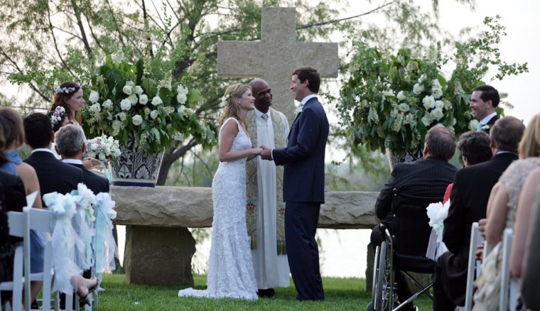 Henry Hager and Jenna Bush exchange vows at the altar Saturday, May 10, 2008, at Prairie Chapel Ranch near Crawford, Texas.  Proceeding over the wedding ceremony is the Rev. Kirbyjohn Caldwell.  White House photo by Shealah Craighead