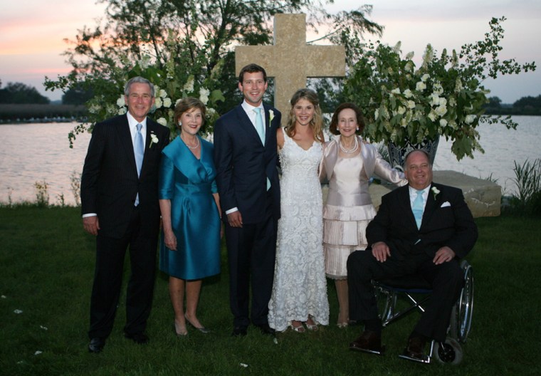 President George W. Bush and Mrs. Laura Bush and Mr. and Mrs. Hager pose with the newly married couple, Jenna and Henry Hager, in front of the altar on Prairie Chapel Ranch near Crawford, Texas.  White House photo by Shealah Craighead