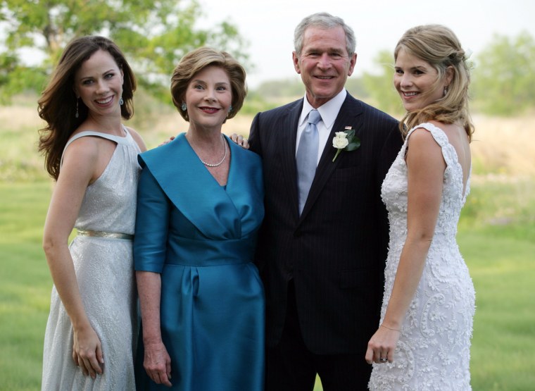 President George W. Bush and Mrs. Laura Bush pose with daughters Jenna and Barbara Saturday, May 10, 2008, at Prairie Chapel Ranch in Crawford, Texas, prior to the wedding of Jenna and Henry Hager.  White House photo by Shealah Craighead