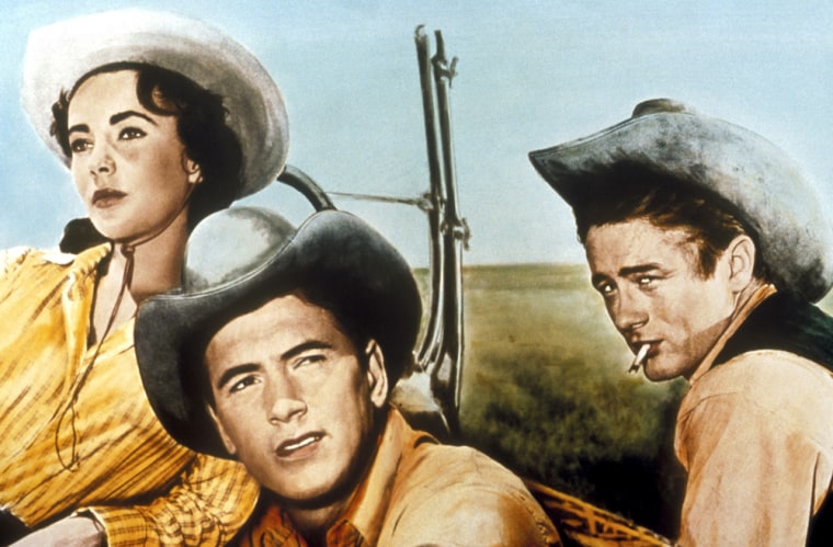 GIANT, from left: Elizabeth Taylor, Rock Hudson, James Dean, 1956